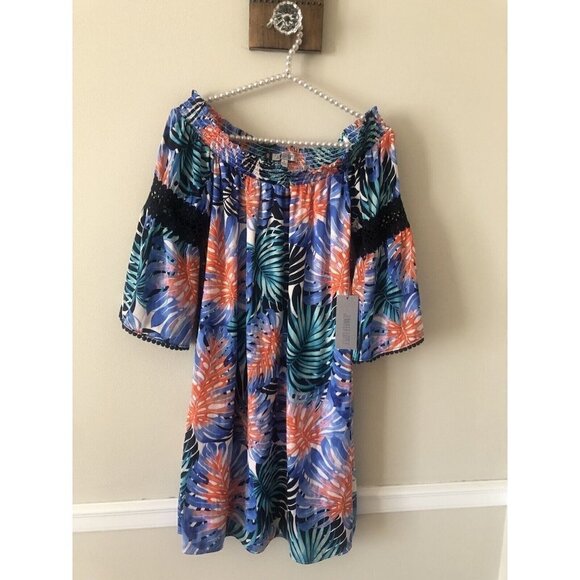 Jennifer Lopez Womens Size Small Paradise Palms Off Shoulder Dress Crochet Trim - Picture 1 of 7